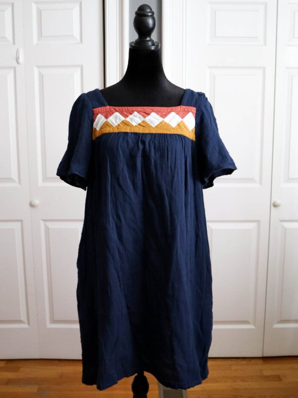Madewell Navy Blue Mini Dress with Rust, Mustard & White Trim
